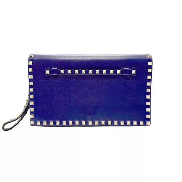 Auth Valentino Garavani Rockstuds Clutch Bag Blue Leather/Goldtone - Picture 1 of 13